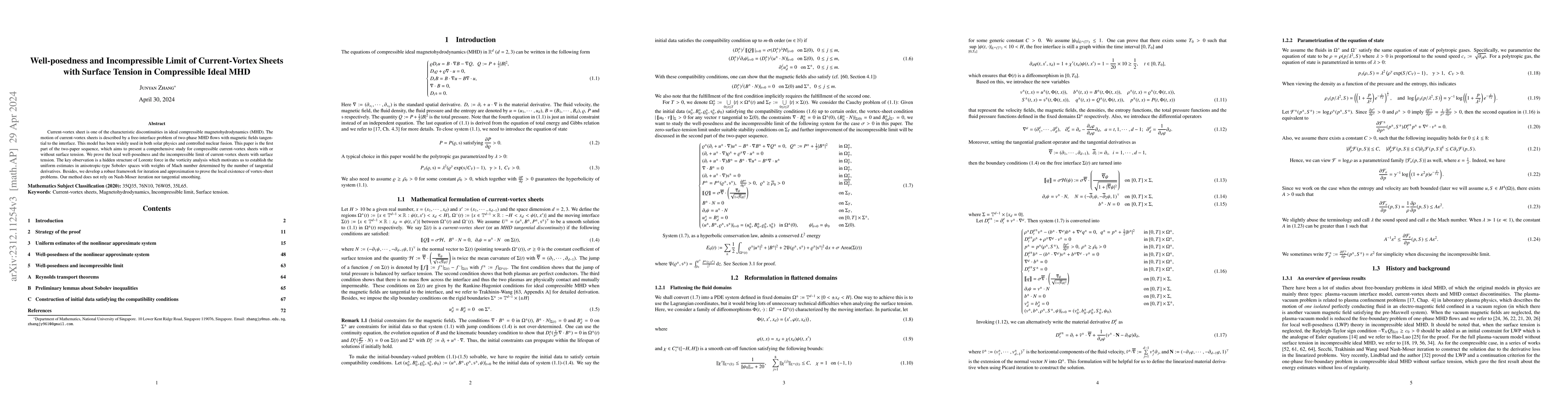 Thumbnail for Well-posedness and Incompressible Limit of Current-Vortex Sheets with
  Surface Tension in Compressible Ideal MHD