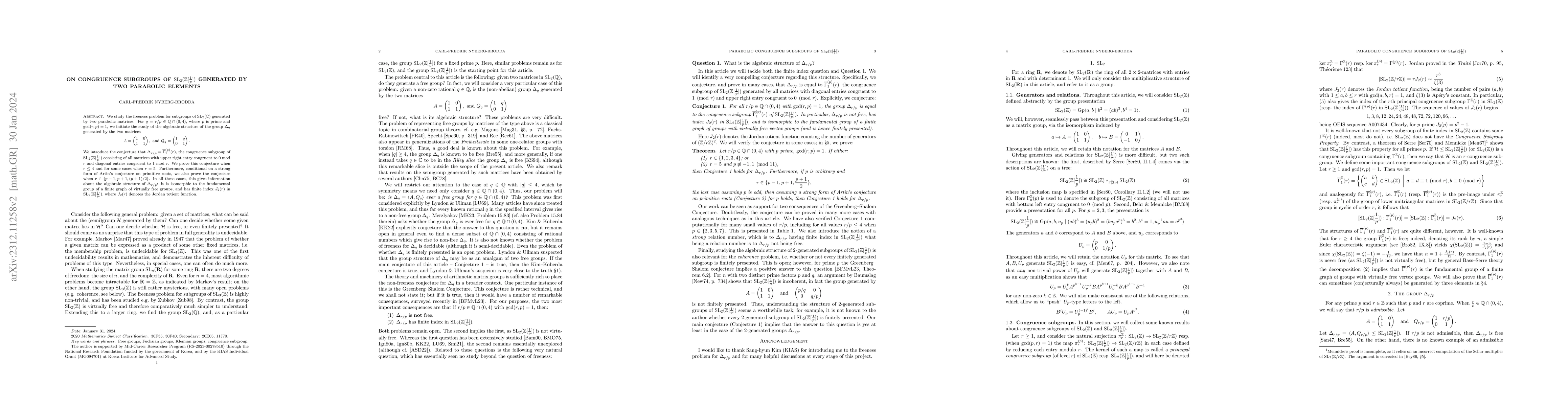 Thumbnail for On congruence subgroups of
  $\operatorname{SL}_2(\mathbb{Z}[\frac{1}{p}])$ generated by two parabolic
  elements
