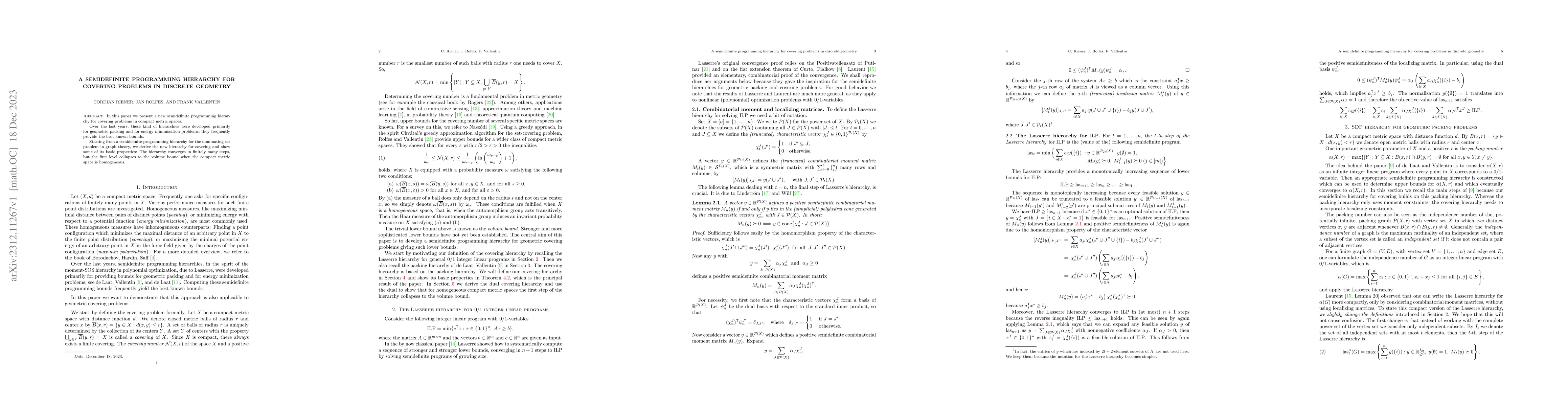Thumbnail for A semidefinite programming hierarchy for covering problems in discrete
  geometry