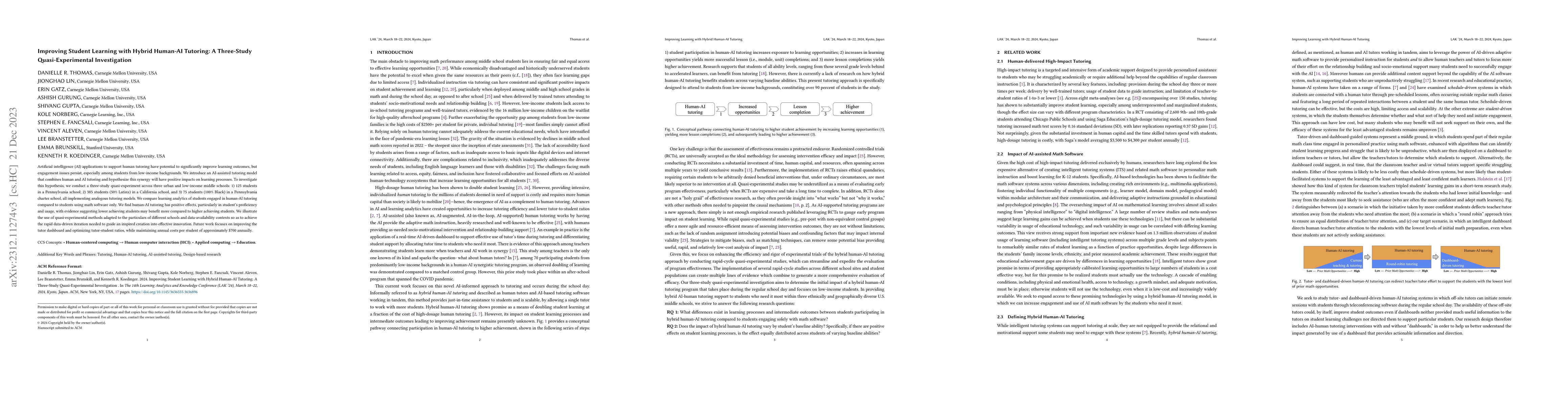 Thumbnail for Improving Student Learning with Hybrid Human-AI Tutoring: A Three-Study
  Quasi-Experimental Investigation