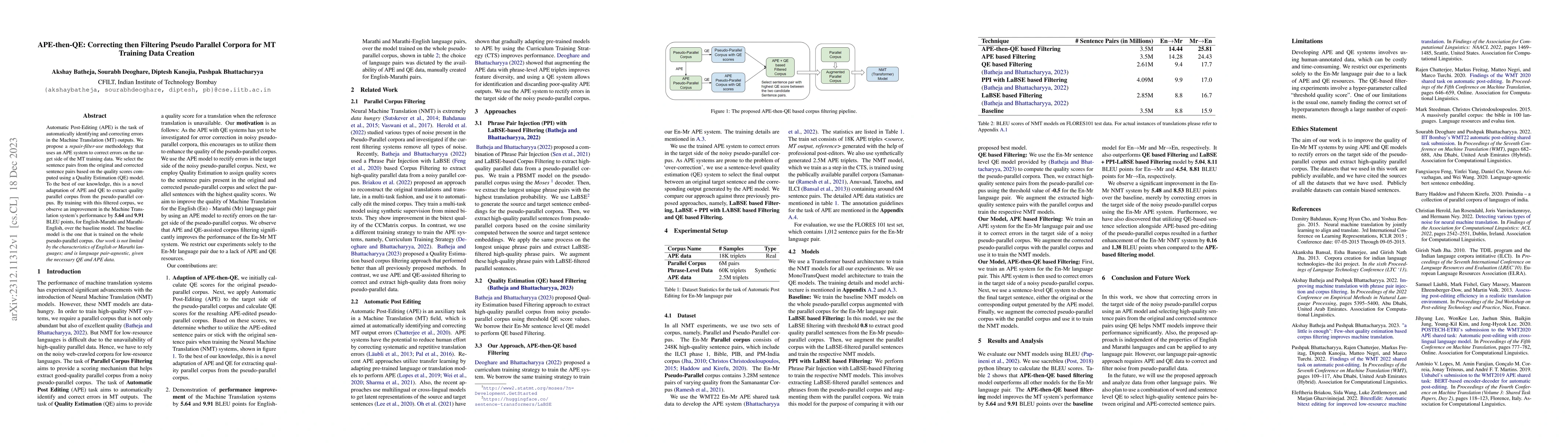 Thumbnail for APE-then-QE: Correcting then Filtering Pseudo Parallel Corpora for MT
  Training Data Creation