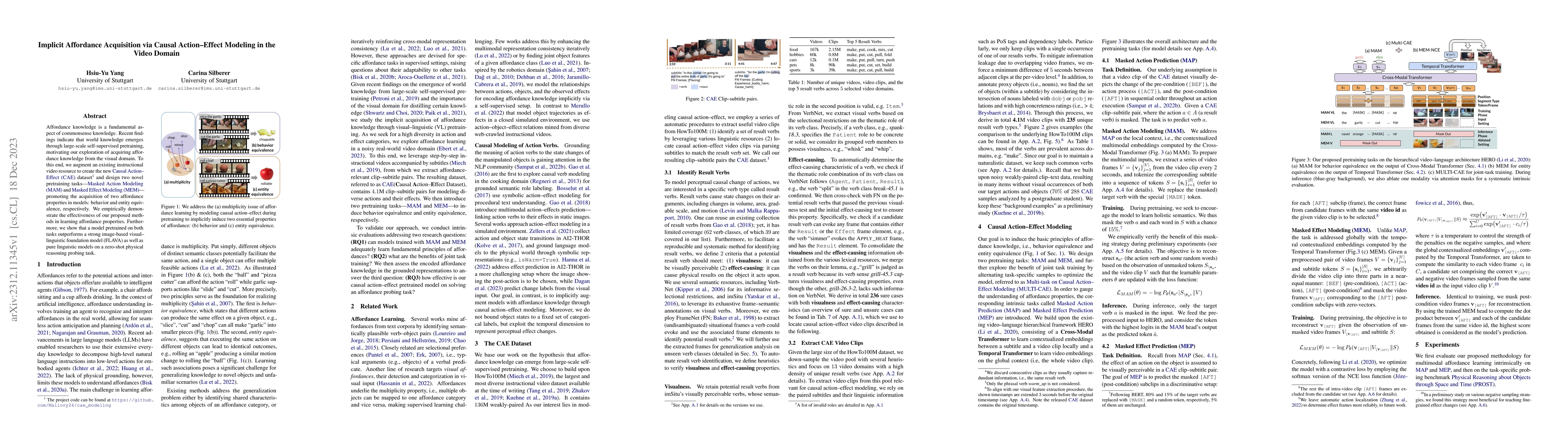 Thumbnail for Implicit Affordance Acquisition via Causal Action-Effect Modeling in the
  Video Domain