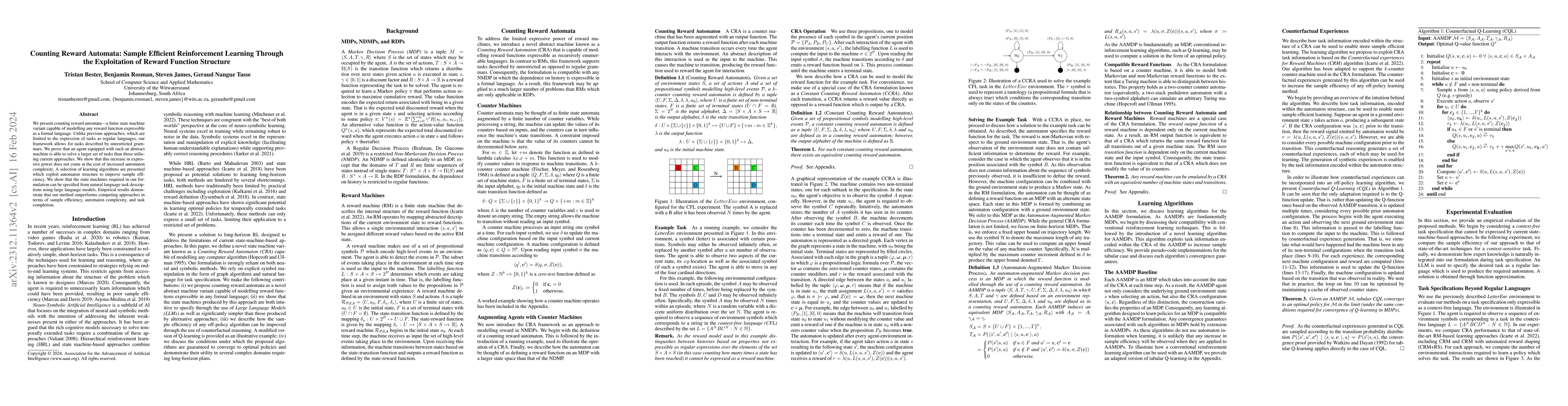 Thumbnail for Counting Reward Automata: Sample Efficient Reinforcement Learning
  Through the Exploitation of Reward Function Structure