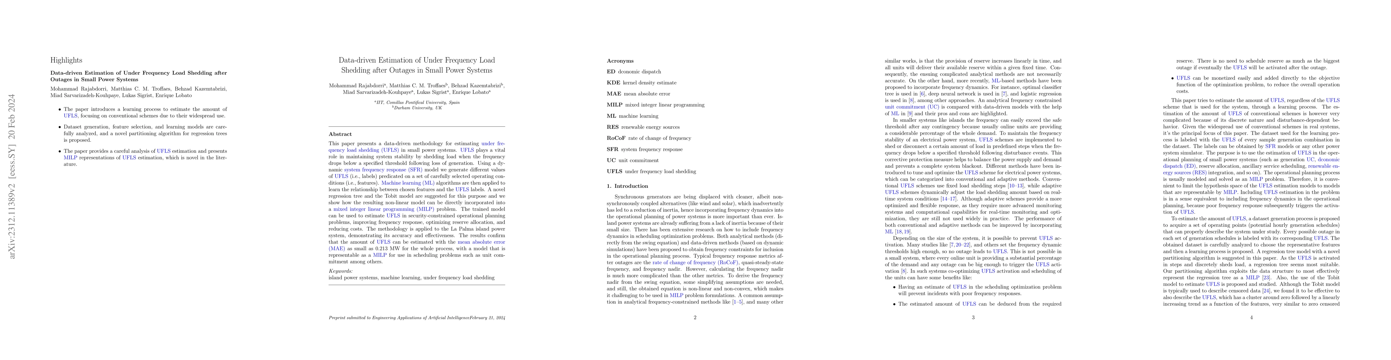 Thumbnail for Data-driven Estimation of Under Frequency Load Shedding after Outages in
  Small Power Systems