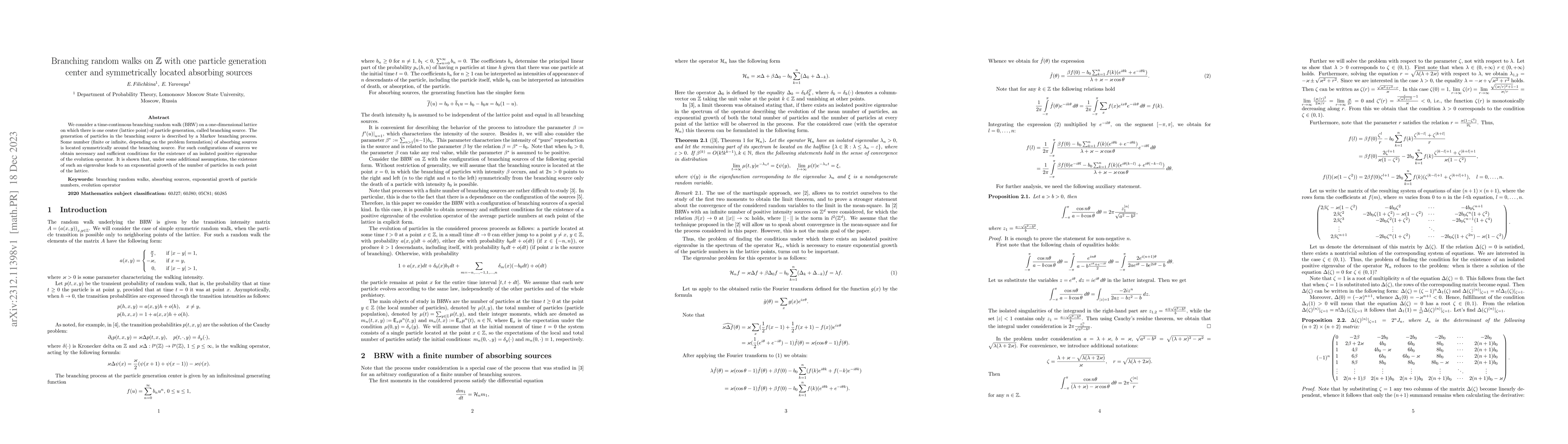 Thumbnail for Branching random walks on $\mathbb{Z}$ with one particle generation
  center and symmetrically located absorbing sources
