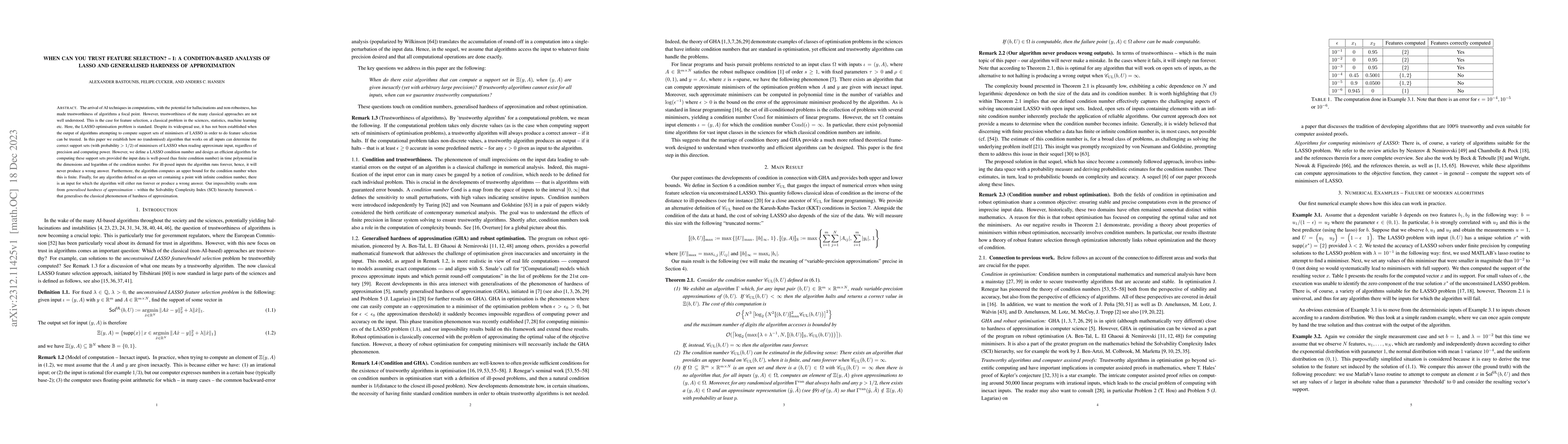 Thumbnail for When can you trust feature selection? -- I: A condition-based analysis
  of LASSO and generalised hardness of approximation