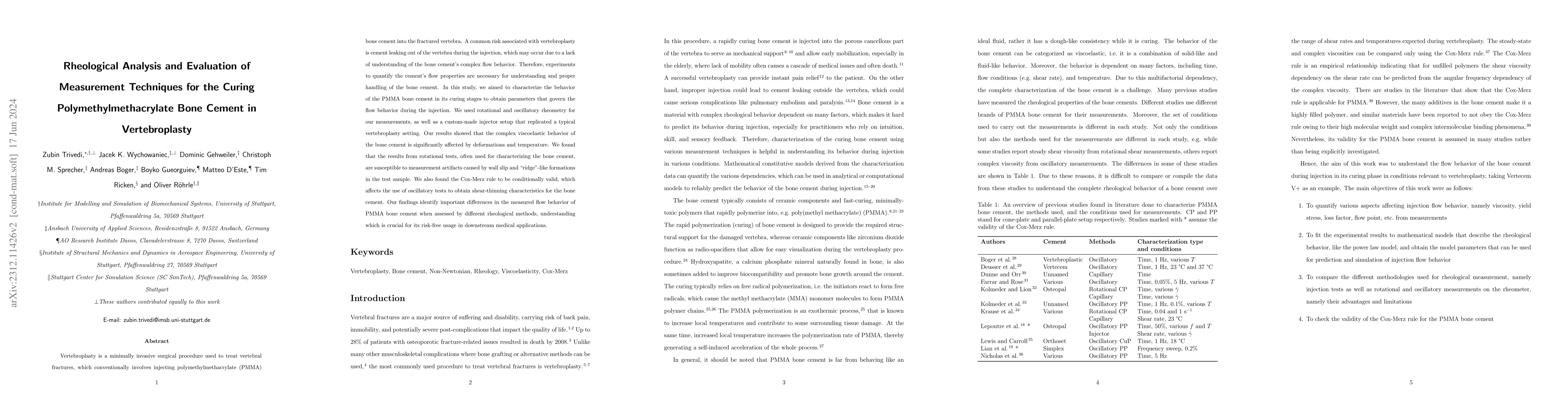 Thumbnail for Rheological Analysis and Evaluation of Measurement Techniques for the
  Curing Polymethylmethacrylate Bone Cement in Vertebroplasty
