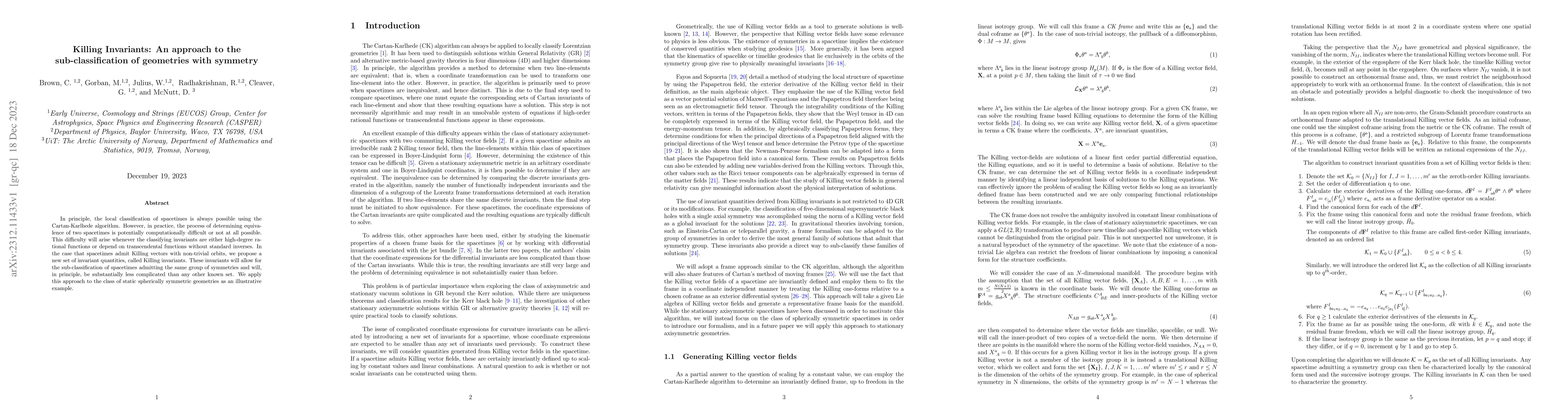 Thumbnail for Killing Invariants: An approach to the sub-classification of geometries
  with symmetry