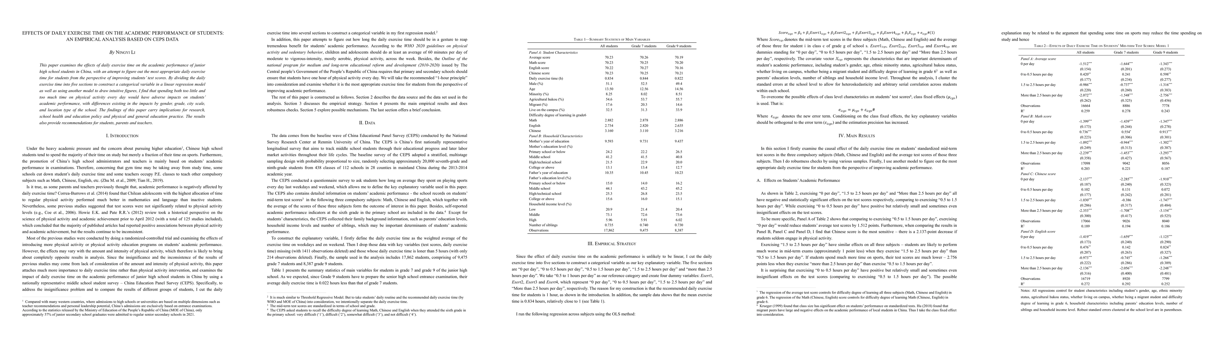 Thumbnail for Effects of Daily Exercise Time on the Academic Performance of Students:
  An Empirical Analysis Based on CEPS Data
