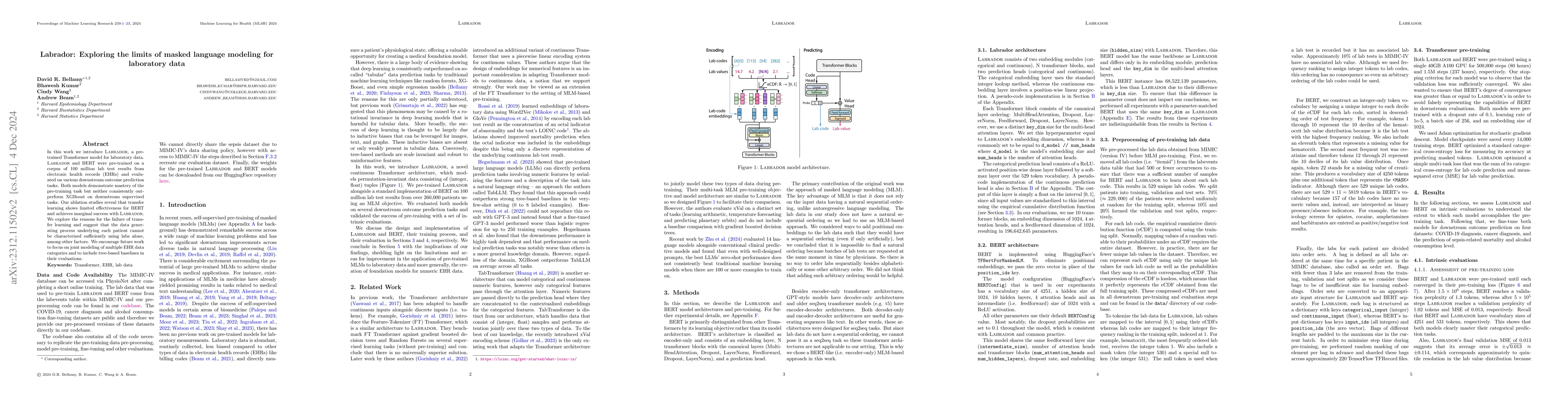 Thumbnail for Labrador: Exploring the Limits of Masked Language Modeling for
  Laboratory Data