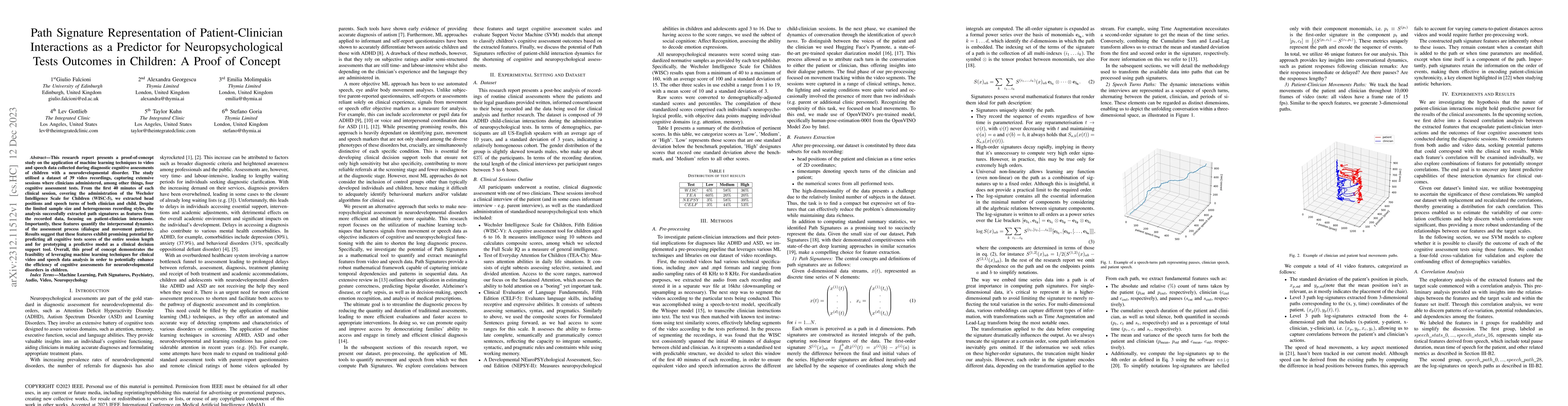 Thumbnail for Path Signature Representation of Patient-Clinician Interactions as a
  Predictor for Neuropsychological Tests Outcomes in Children: A Proof of
  Concept