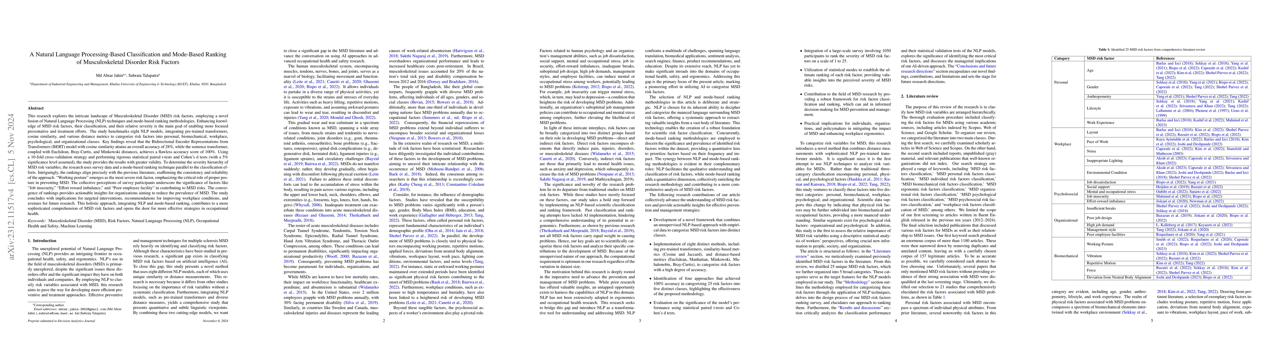 Thumbnail for A Natural Language Processing-Based Classification and Mode-Based
  Ranking of Musculoskeletal Disorder Risk Factors