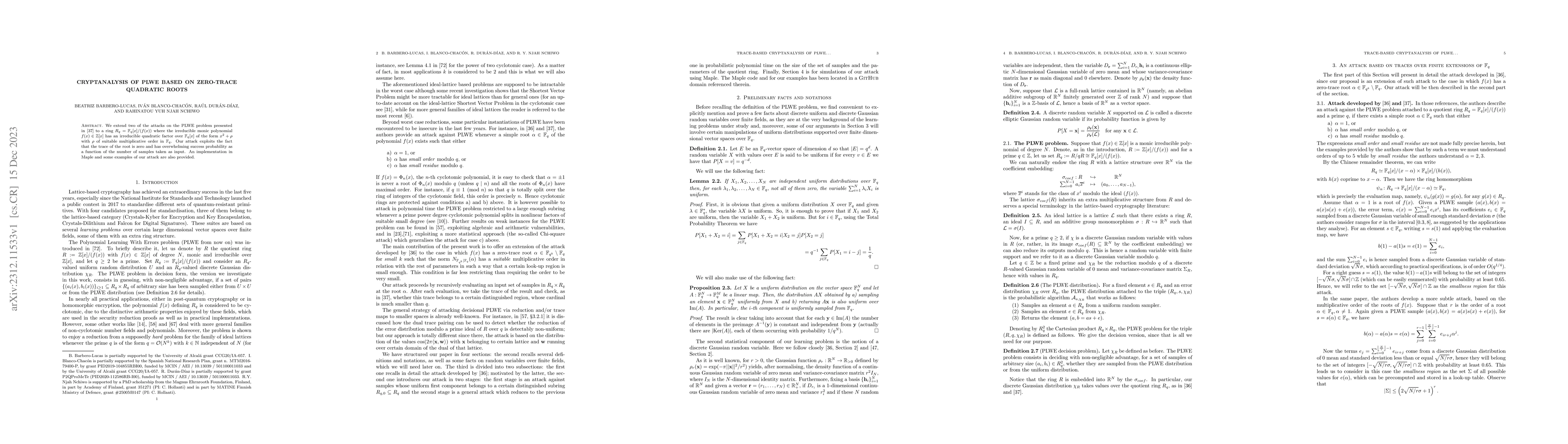 Thumbnail for Cryptanalysis of PLWE based on zero-trace quadratic roots