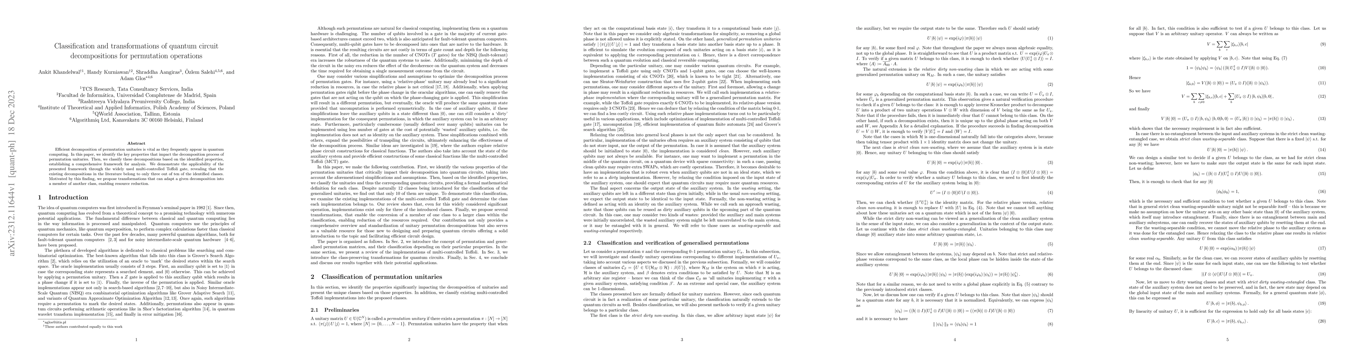 Thumbnail for Classification and transformations of quantum circuit decompositions for
  permutation operations