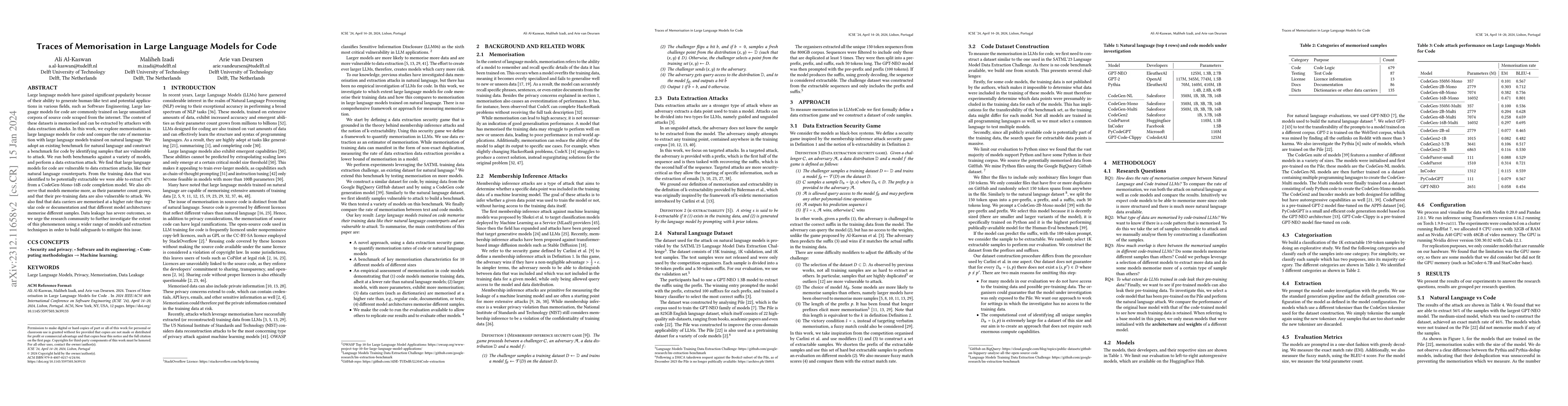Thumbnail for Traces of Memorisation in Large Language Models for Code