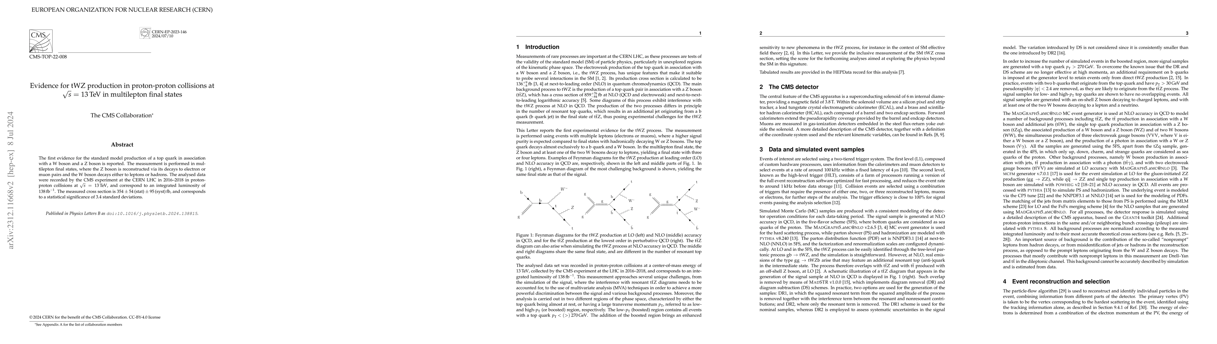Thumbnail for Evidence for tWZ production in proton-proton collisions at $\sqrt{s}$ =
  13 TeV in multilepton final states
