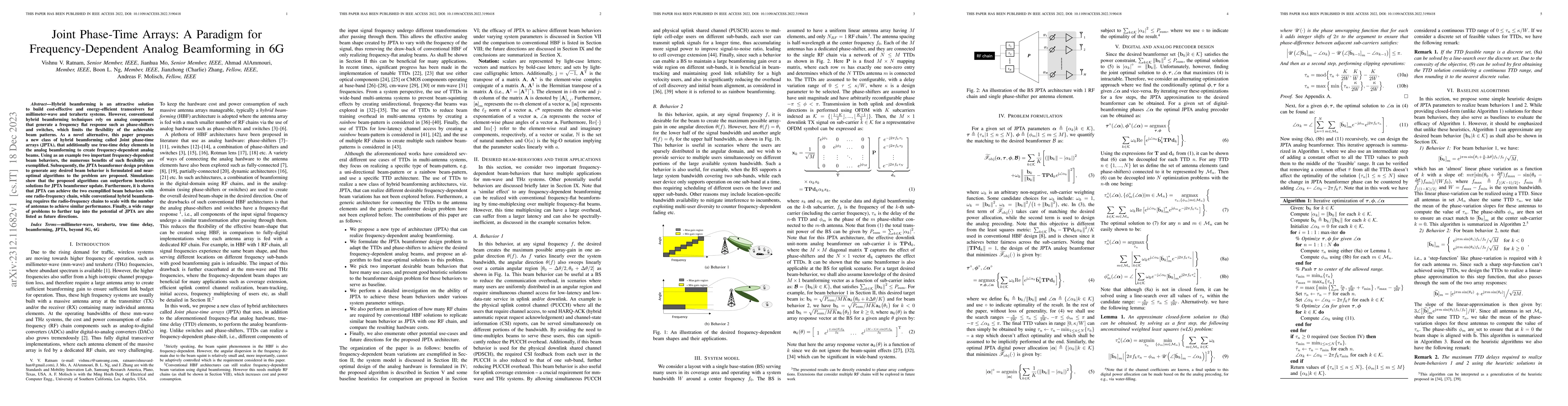 Thumbnail for Joint Phase-Time Arrays: A Paradigm for Frequency-Dependent Analog
  Beamforming in 6G