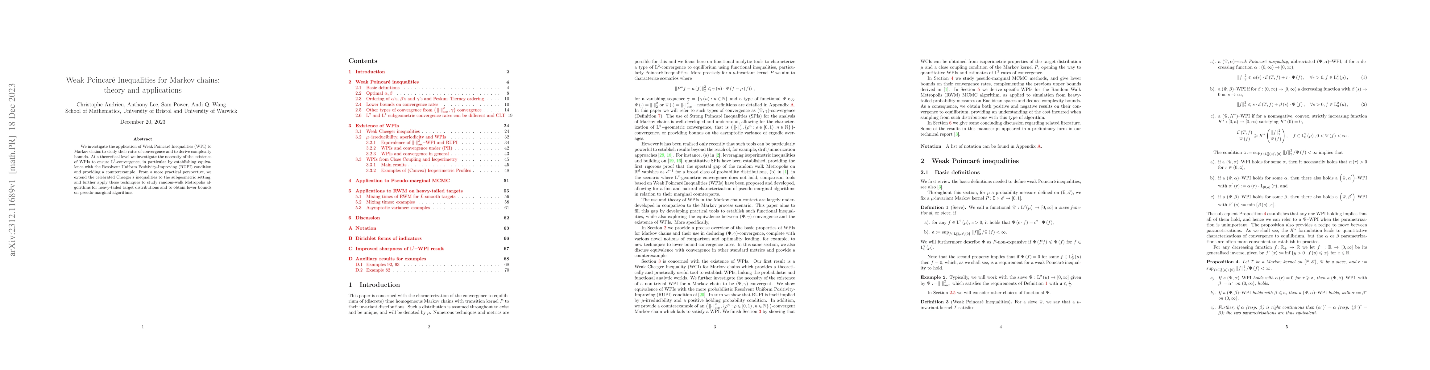 Thumbnail for Weak Poincar\'e Inequalities for Markov chains: theory and applications