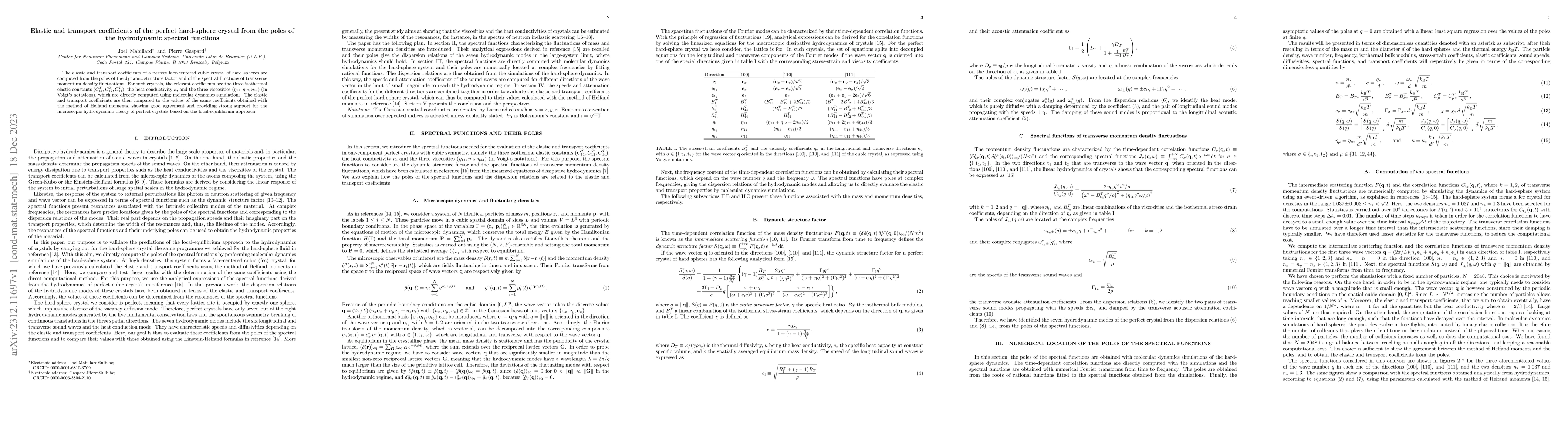Thumbnail for Elastic and transport coefficients of the perfect hard-sphere crystal
  from the poles of the hydrodynamic spectral functions