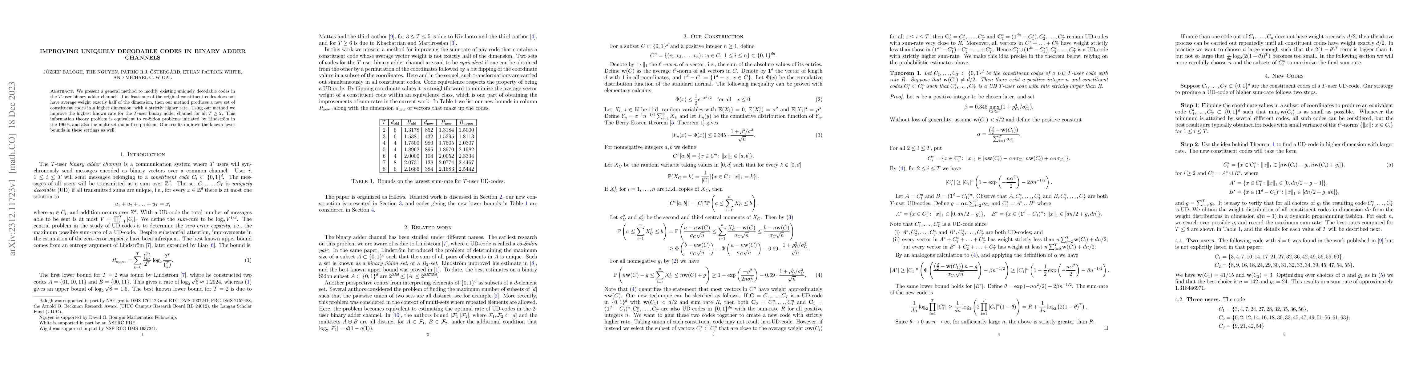 Thumbnail for Improving Uniquely Decodable Codes in Binary Adder Channels