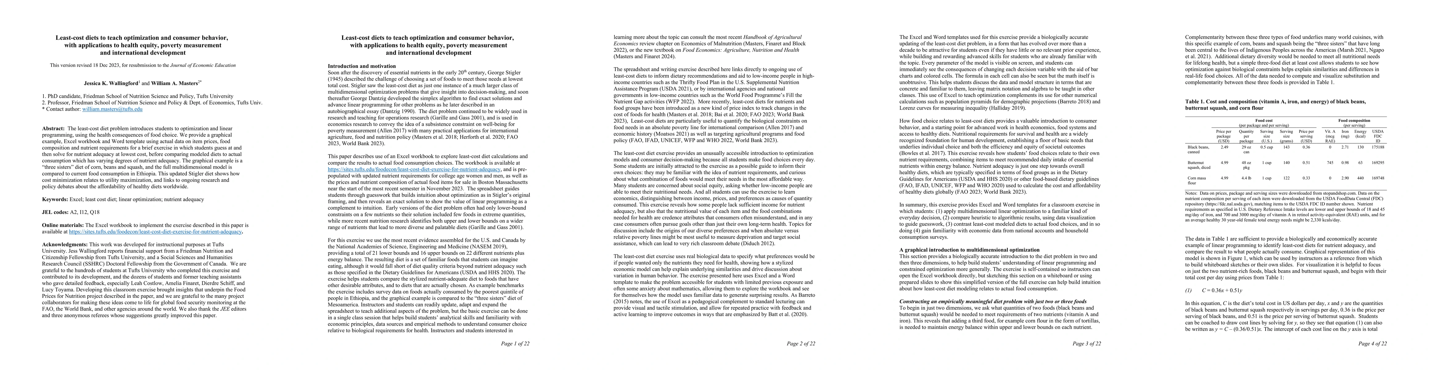 Thumbnail for Least-cost diets to teach optimization and consumer behavior, with
  applications to health equity, poverty measurement and international
  development
