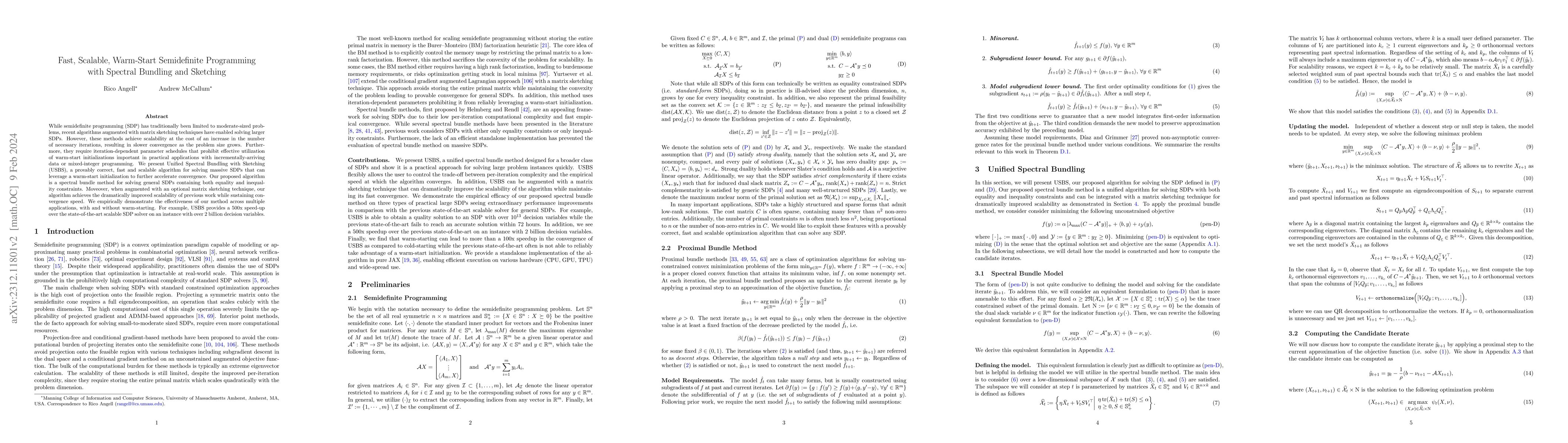 Thumbnail for Fast, Scalable, Warm-Start Semidefinite Programming with Spectral
  Bundling and Sketching