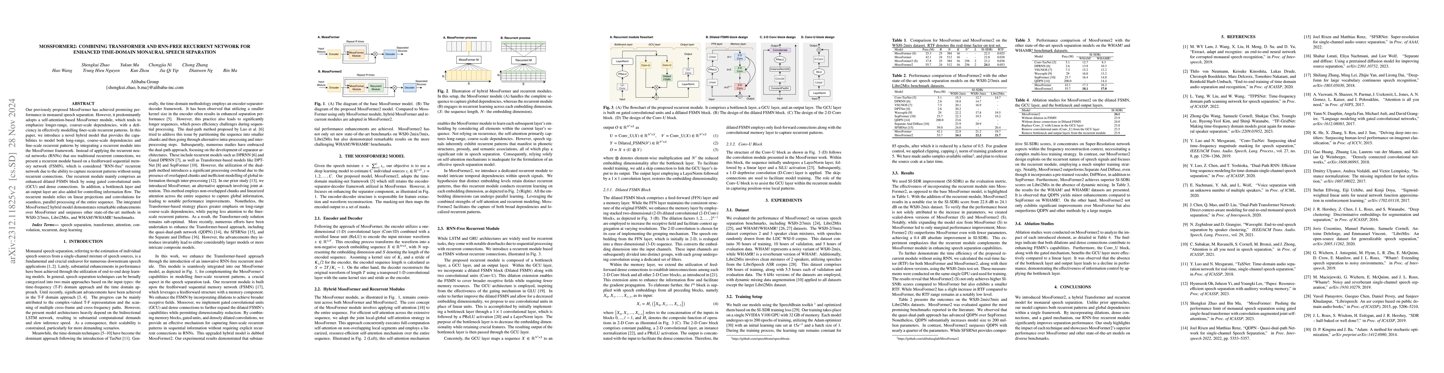 Thumbnail for MossFormer2: Combining Transformer and RNN-Free Recurrent Network for
  Enhanced Time-Domain Monaural Speech Separation