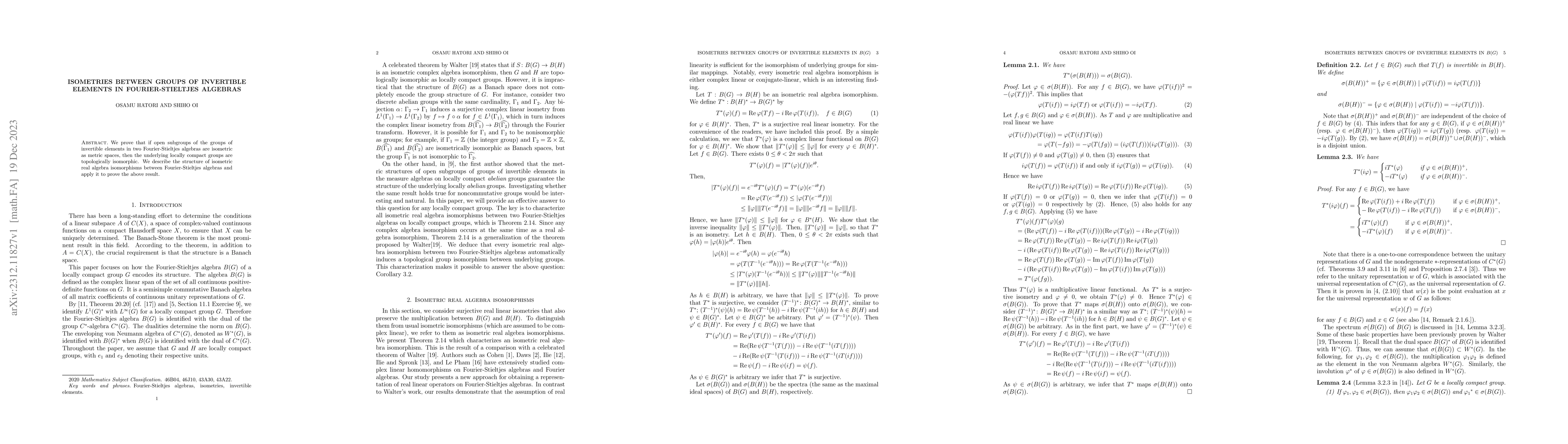 Thumbnail for Isometries between groups of invertible elements in Fourier-Stieltjes
  algebras