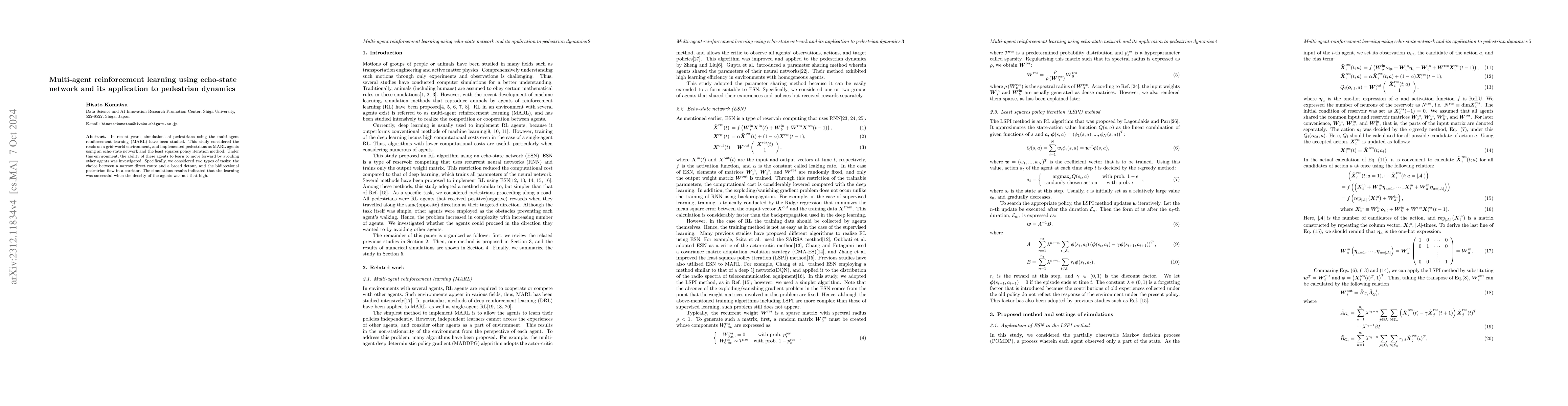 Thumbnail for Multi-agent reinforcement learning using echo-state network and its
  application to pedestrian dynamics