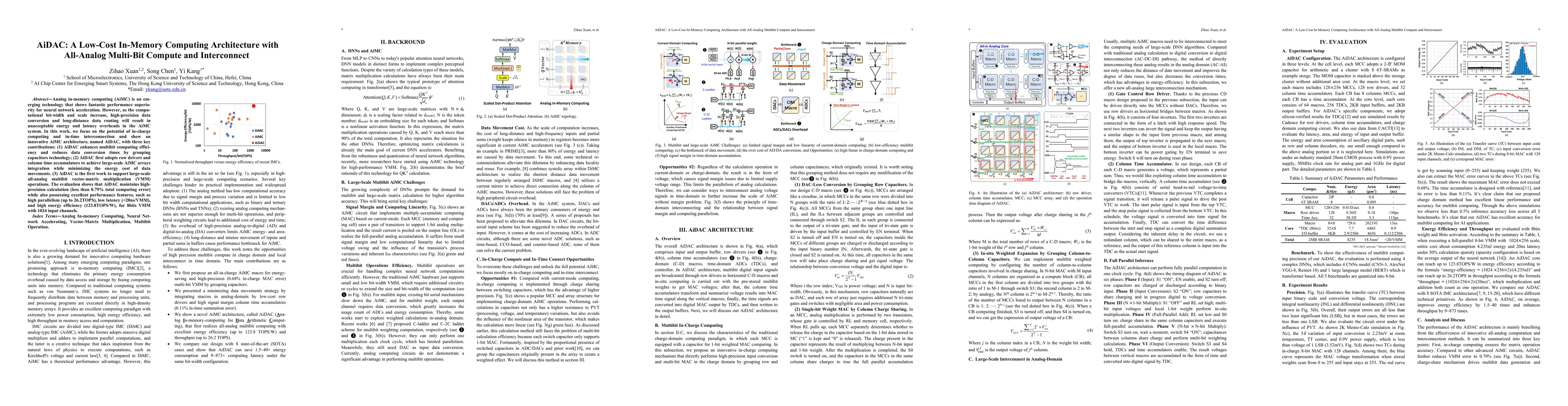 Thumbnail for AiDAC: A Low-Cost In-Memory Computing Architecture with All-Analog
  Multi-Bit Compute and Interconnect