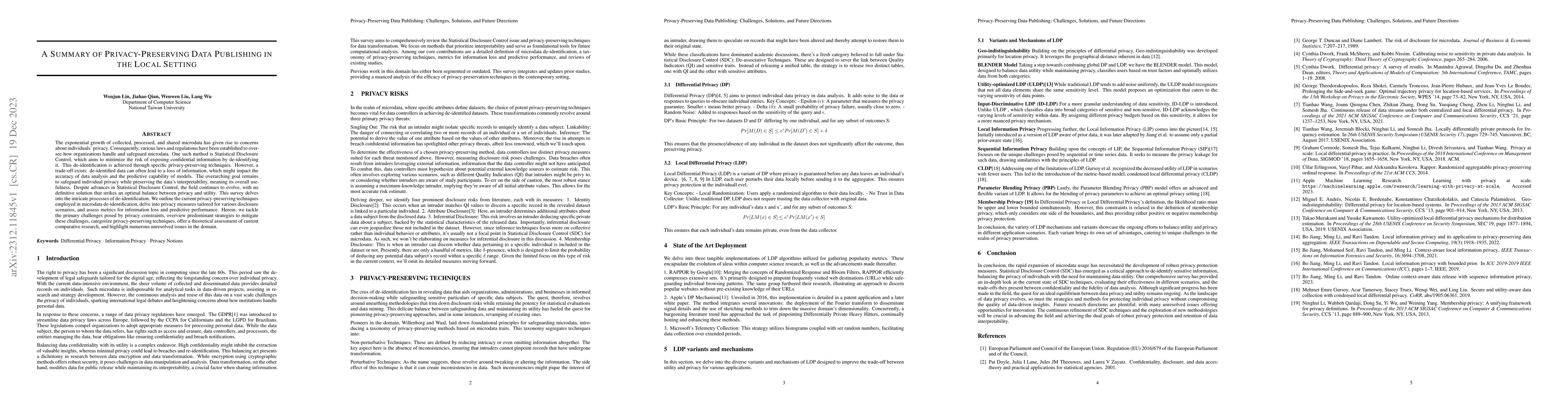 Thumbnail for A Summary of Privacy-Preserving Data Publishing in the Local Setting