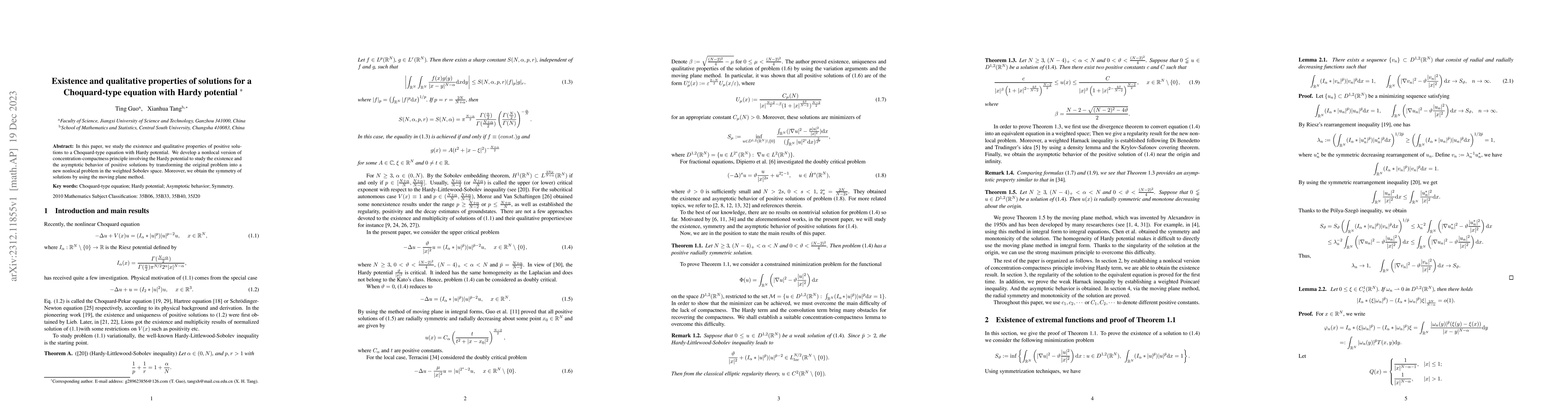 Thumbnail for Existence and qualitative properties of solutions for a Choquard-type
  equation with Hardy potential