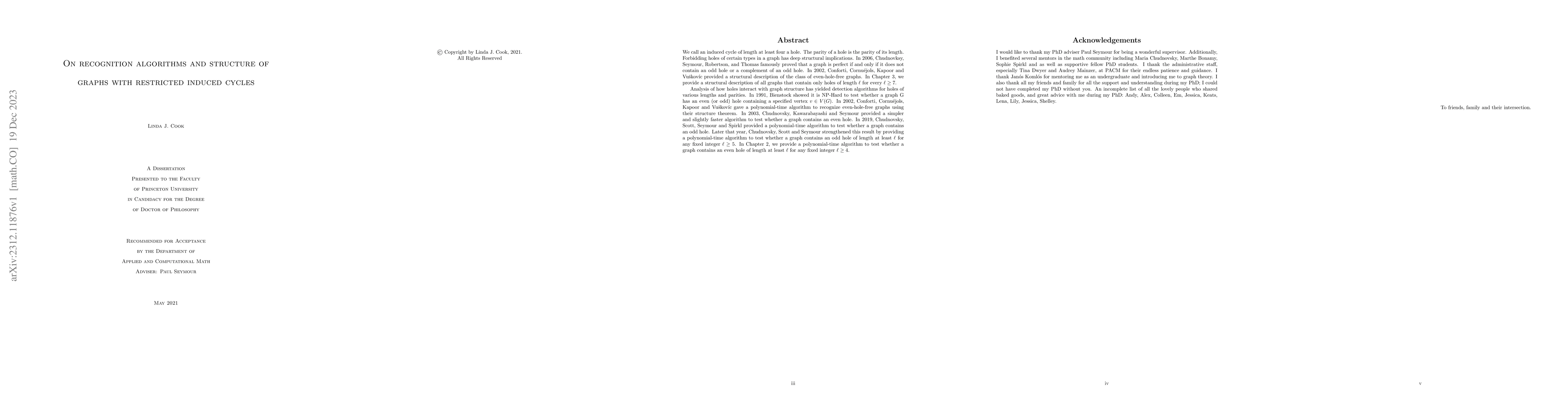 Thumbnail for On recognition algorithms and structure of graphs with restricted
  induced cycles