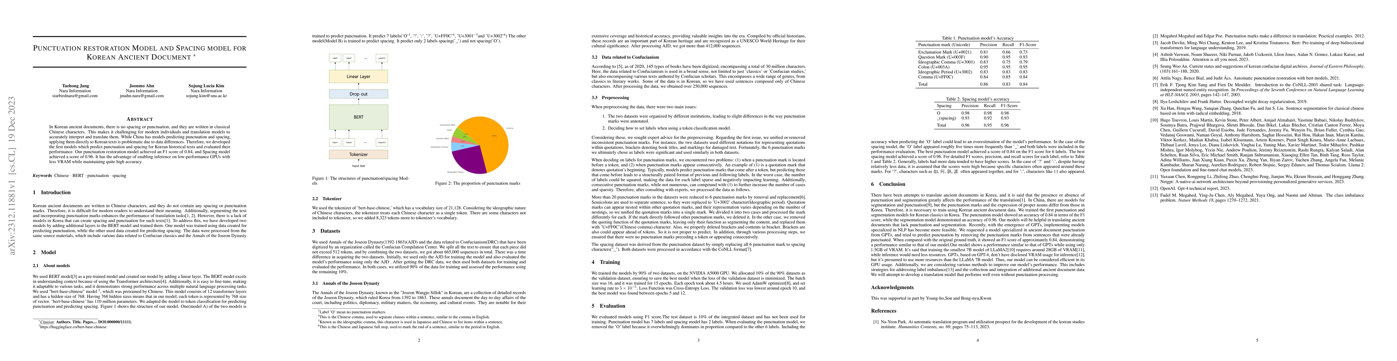 Thumbnail for Punctuation restoration Model and Spacing Model for Korean Ancient
  Document