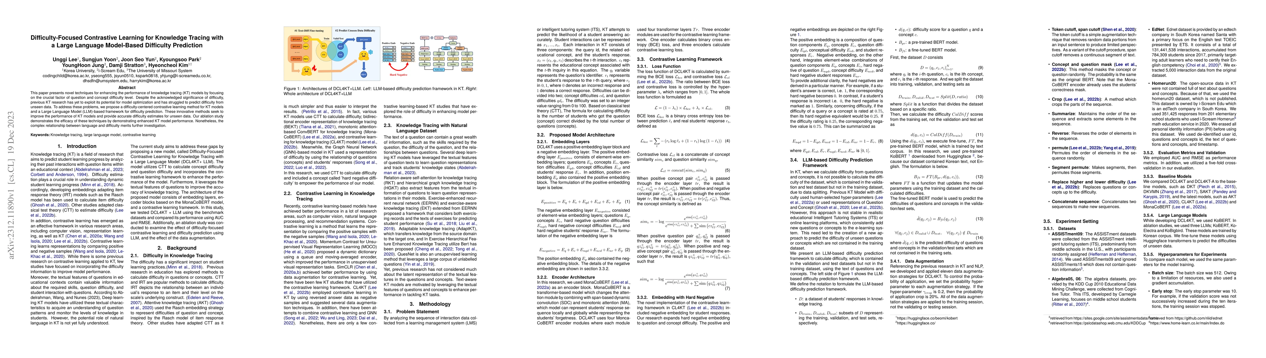 Thumbnail for Difficulty-Focused Contrastive Learning for Knowledge Tracing with a
  Large Language Model-Based Difficulty Prediction