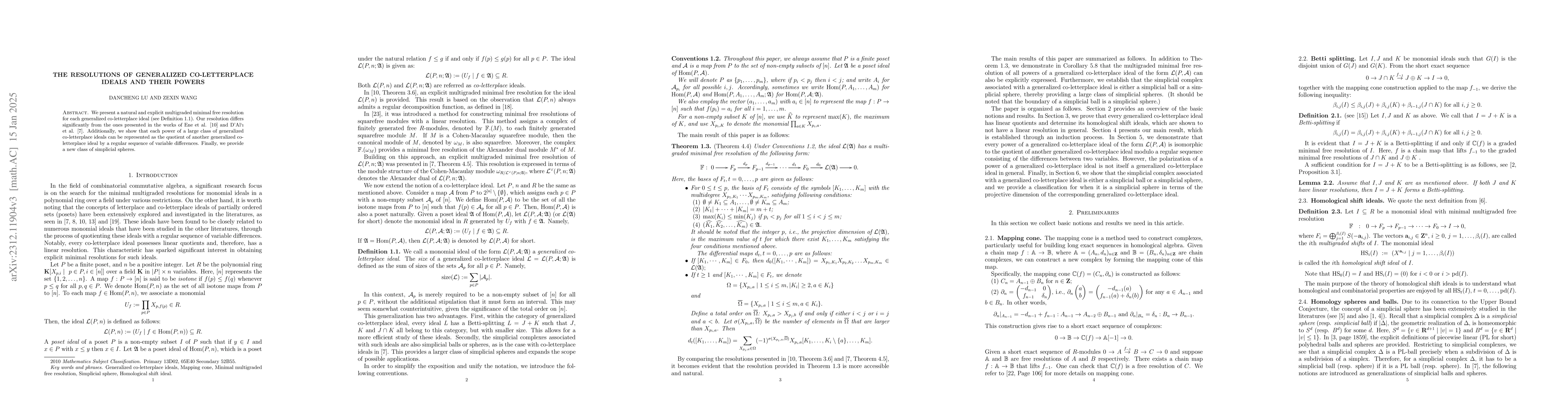 Thumbnail for The resolutions of generalized co-letterplace ideals and their powers