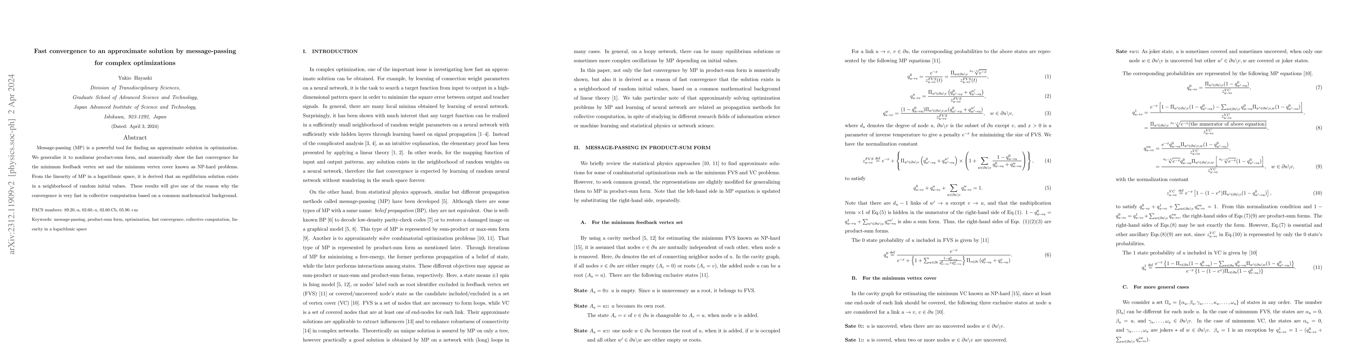 Thumbnail for Fast convergence to an approximate solution by message-passing for
  complex optimizations