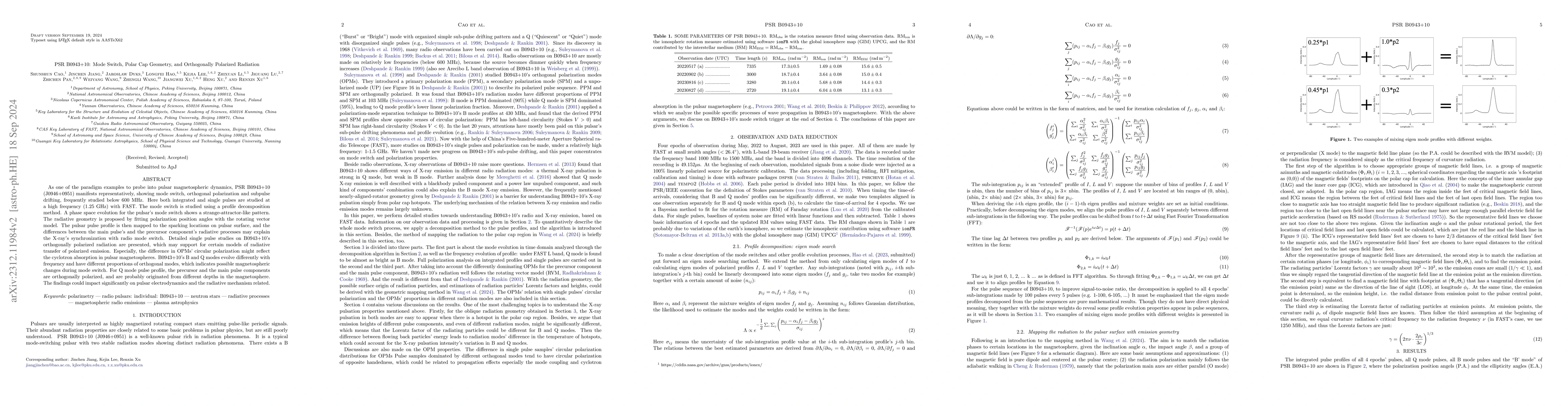 Thumbnail for PSR B0943+10: Mode Switch, Polar Cap Geometry, and Orthogonally
  Polarized Radiation