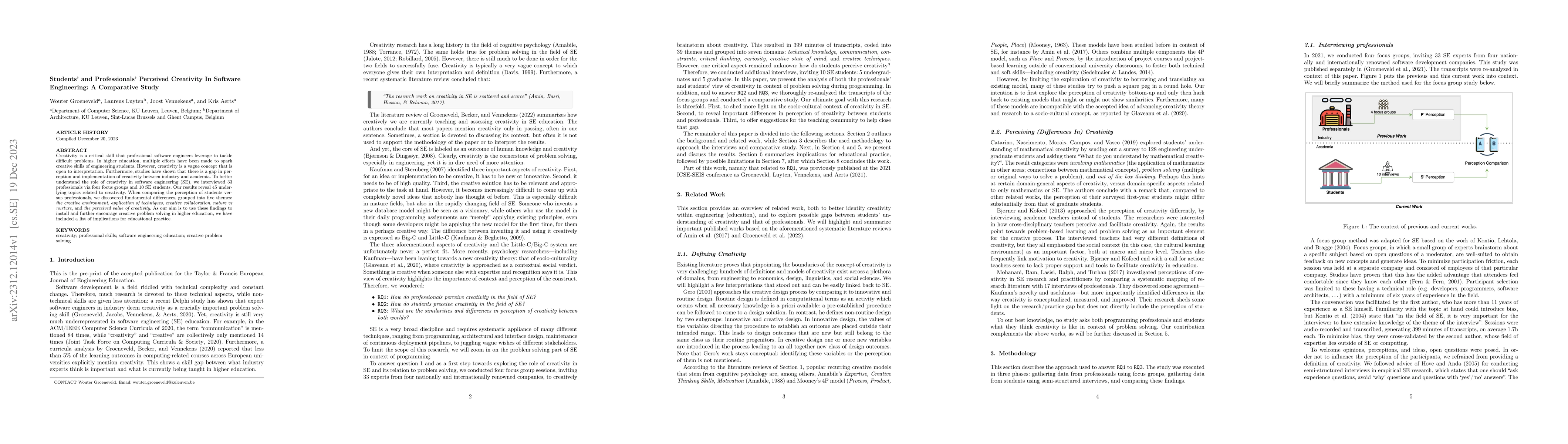 Thumbnail for Students' and Professionals' Perceived Creativity In Software
  Engineering: A Comparative Study