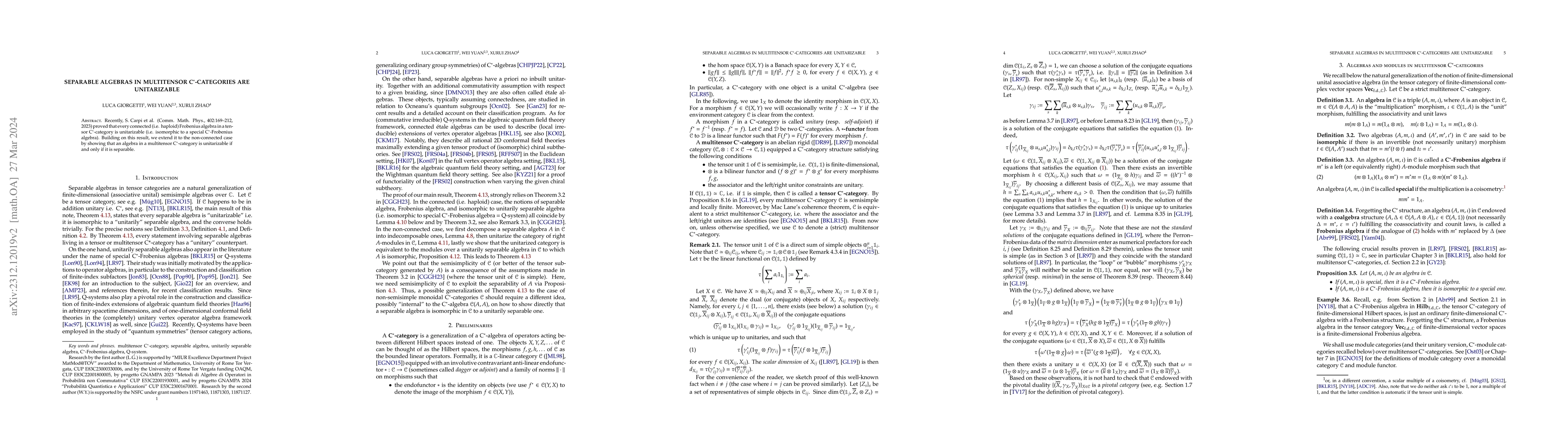 Thumbnail for Separable algebras in multitensor C$^*$-categories are unitarizable