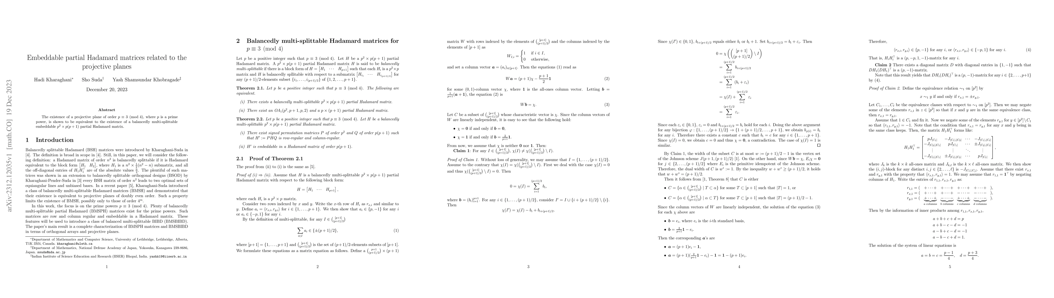 Thumbnail for Embeddable partial Hadamard matrices related to the projective planes