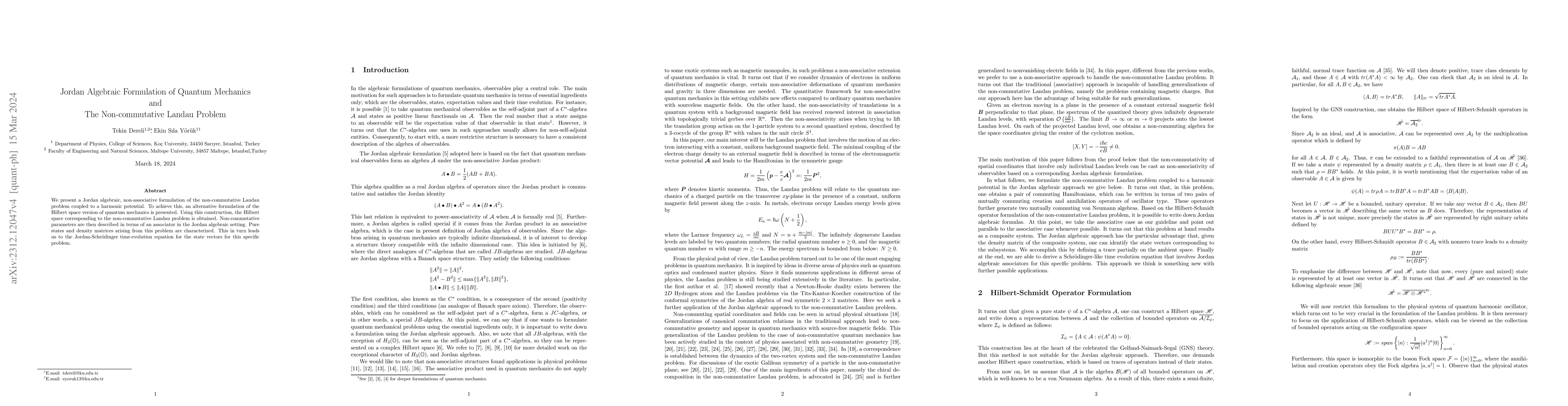 Thumbnail for Jordan Algebraic Formulation of Quantum Mechanics and The
  Non-commutative Landau Problem