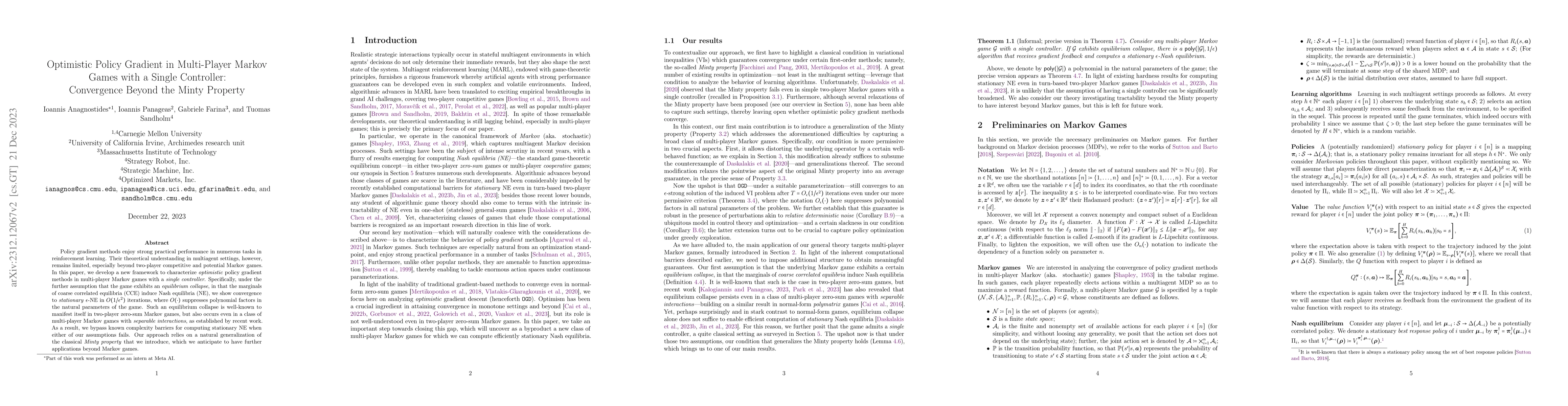 Thumbnail for Optimistic Policy Gradient in Multi-Player Markov Games with a Single
  Controller: Convergence Beyond the Minty Property