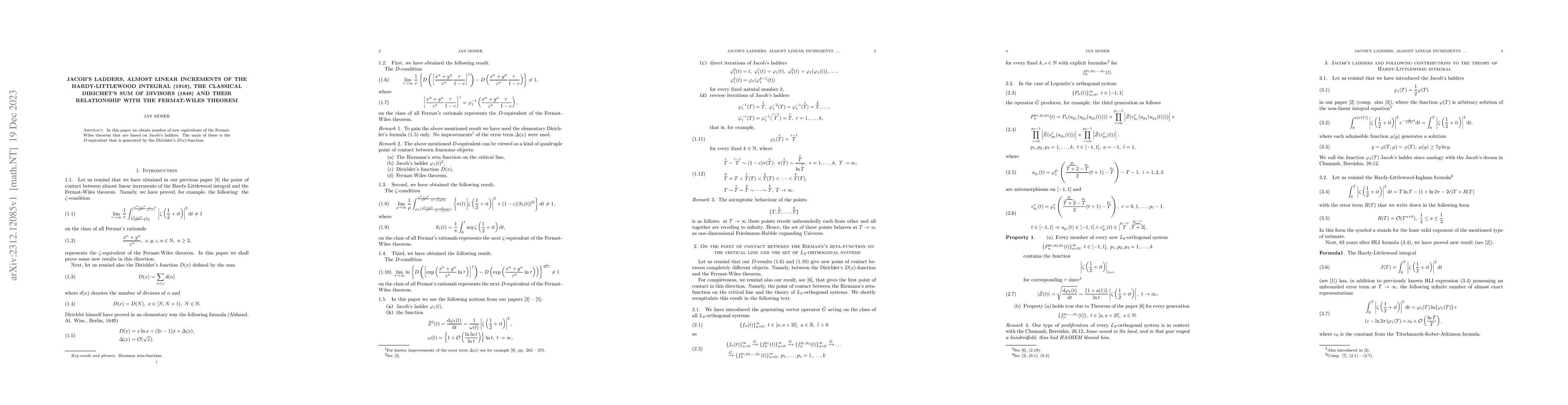 Thumbnail for Jacob's ladders, almost linear increments of the Hardy-Littlewood
  integral (1918), the classical Dirichet's sum of divisors (1849) and their
  relationship with the Fermat-Wiles theorem