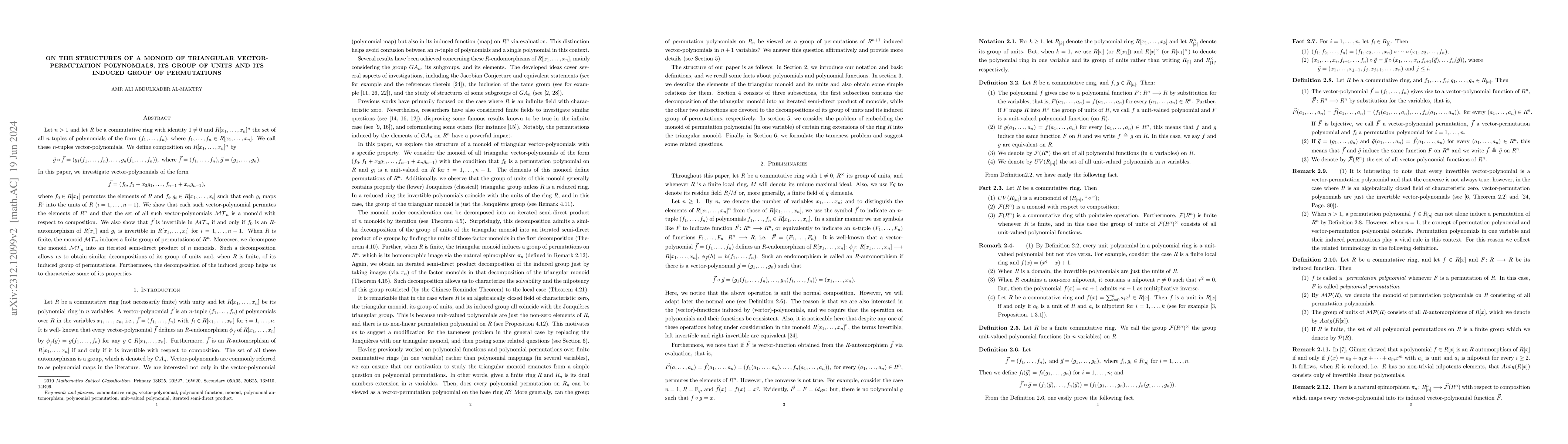 Thumbnail for On the structures of a monoid of triangular vector-permutation
  polynomials, its group of units and its induced group of permutations