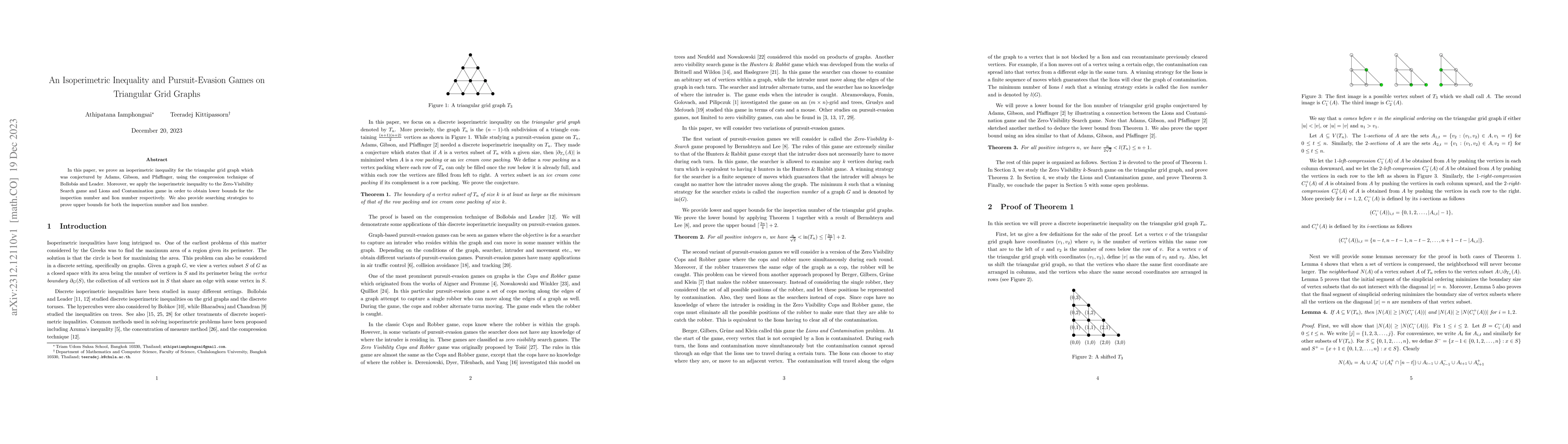 Thumbnail for An Isoperimetric Inequality and Pursuit-Evasion Games on Triangular Grid
  Graphs
