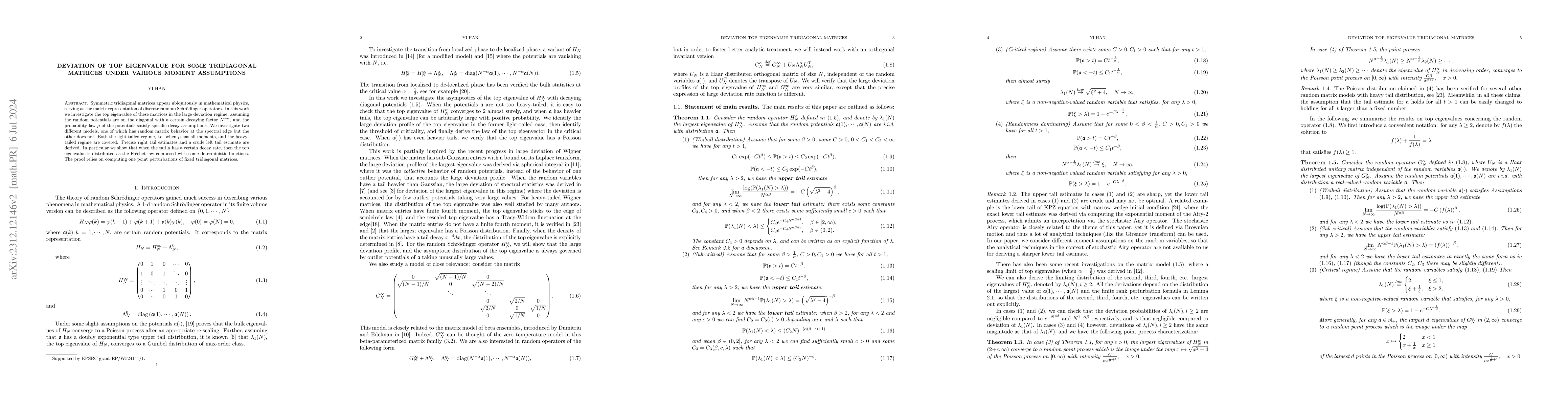 Thumbnail for Deviation of top eigenvalue for some tridiagonal matrices under various
  moment assumptions