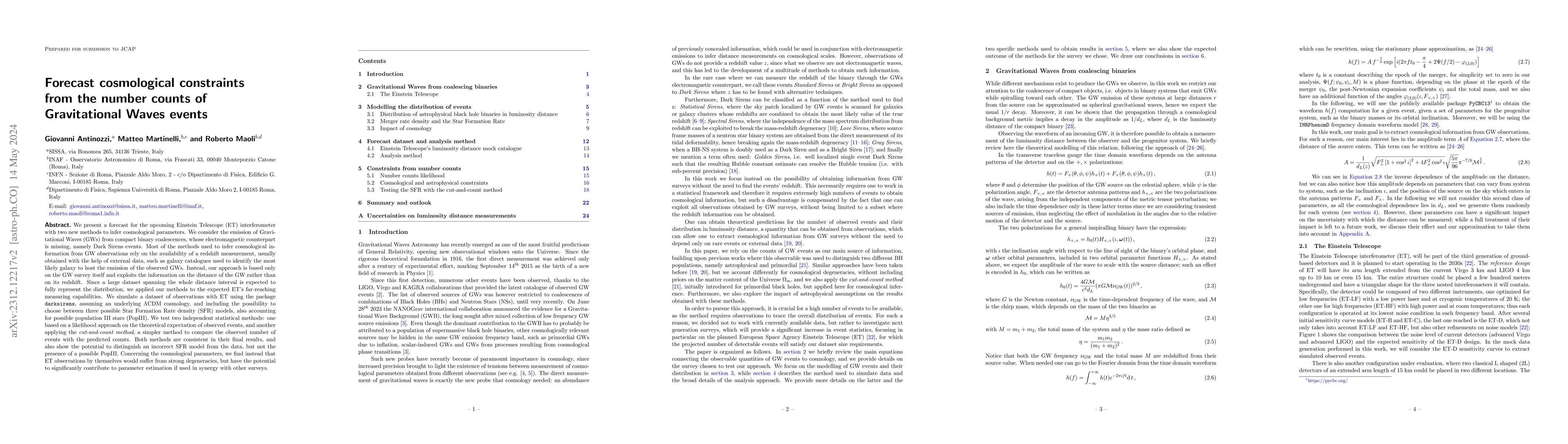 Thumbnail for Forecast cosmological constraints from the number counts of
  Gravitational Waves events