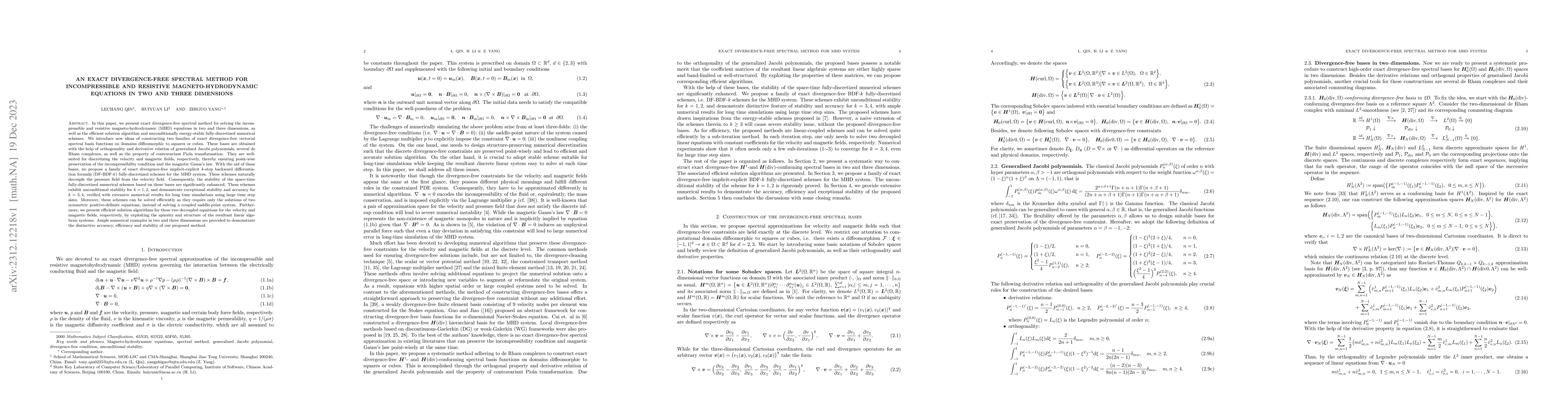 Thumbnail for An exact divergence-free spectral method for incompressible and
  resistive magneto-hydrodynamic equations in two and three dimensions