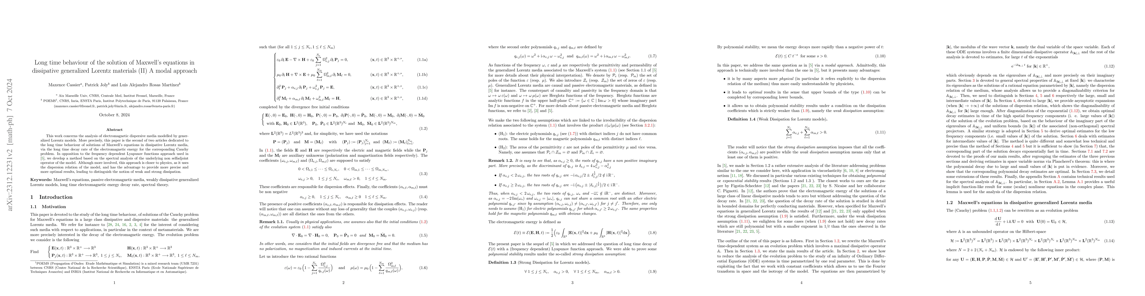 Thumbnail for Long time behaviour of the solution of Maxwell's equations in
  dissipative generalized Lorentz materials (II) A modal approach